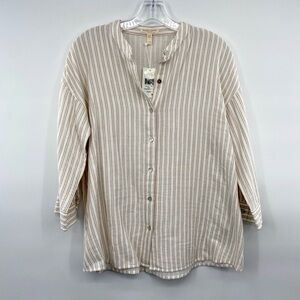 Eileen Fisher Mandarin Collar Stripe Organic Cotton Khaki Blouse size Sp